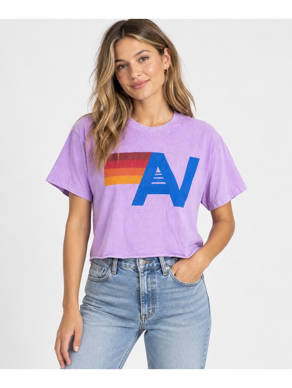 Aviator Nation Women’s Medium Purple Logo Raw Hem Crop T-Shirt Made in USA